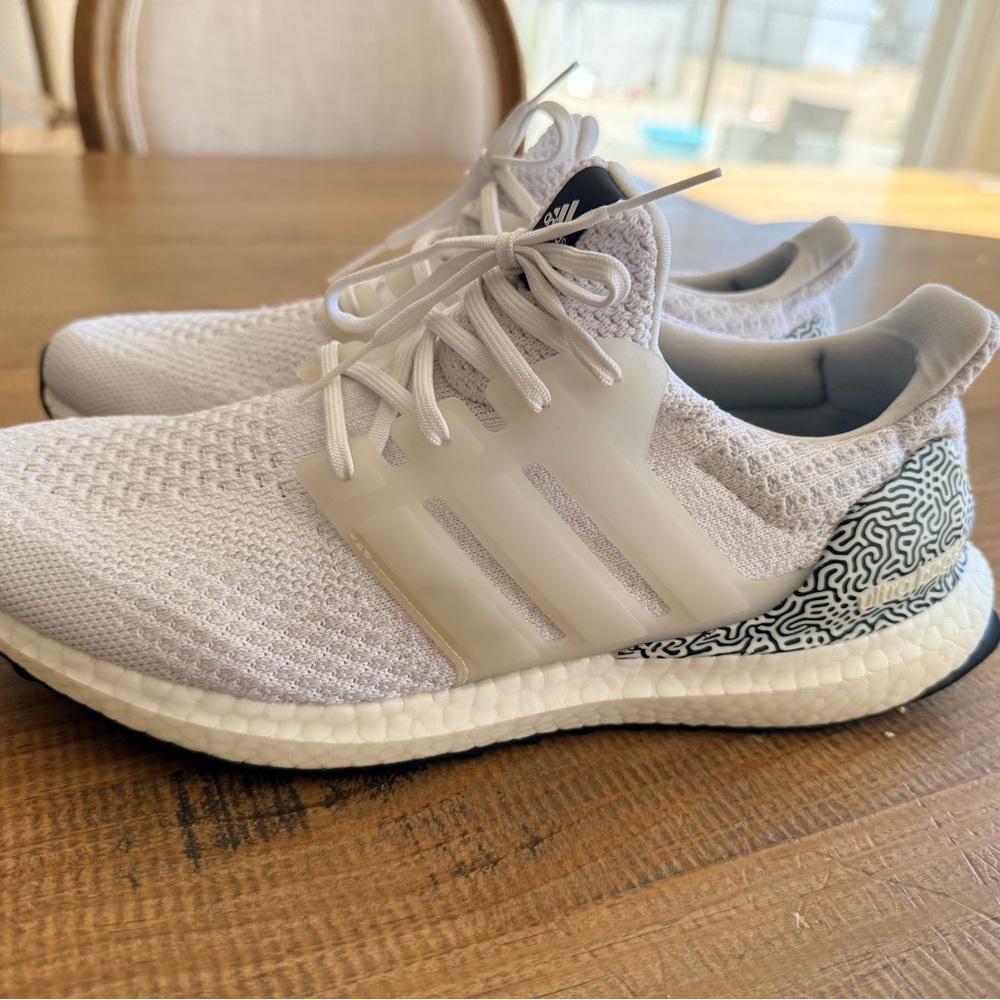 adidas White Knit Ultra Boost Sneakers with Black Patterned Heel - Picture 3 of 8